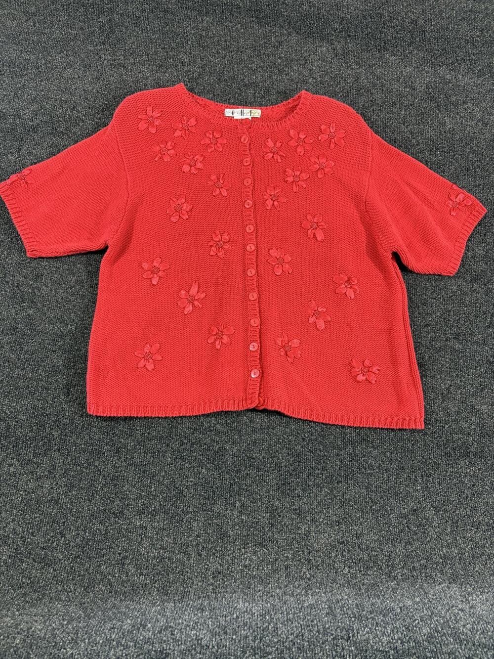 Cardigan Sweater Womens XL Red Floral Embroidered Short Sleeve Button Front